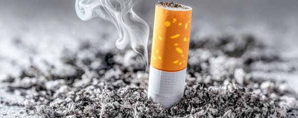 PM2.5 pollution affects the respiratory system. close up of cigarette butt smoldering in ash, evoking sense of waste