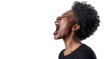Young african american woman shouting with transparent background