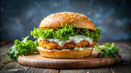 Crunchy fish patty nestled on a sesame seed bun with crisp lettuce leaves and creamy tartar sauce drizzle , crispy fish burger, food photography