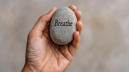 Quitting smoking according to the concept of drug addiction treatment. hand holding mindfulness stone with word Breathe