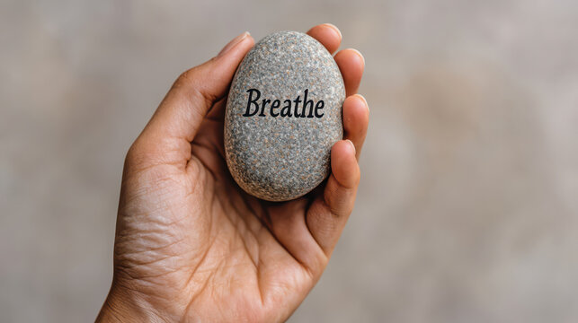 Quitting smoking according to the concept of drug addiction treatment. hand holding mindfulness stone with word Breathe