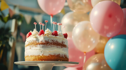 A beautiful cake with raspberries and balloons for joyful celebration
