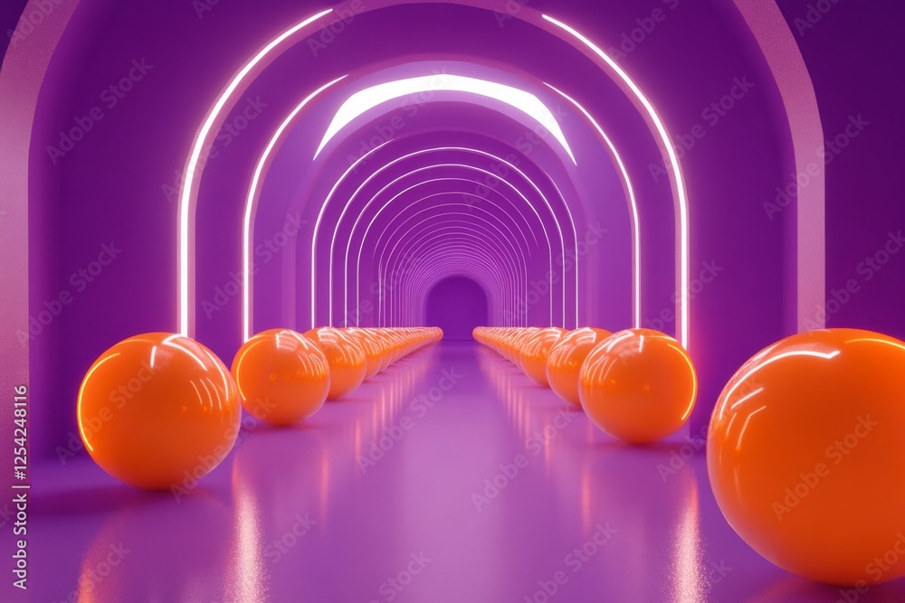 Poster purple neon archway tunnel with orange spheres, futuristic background, design element