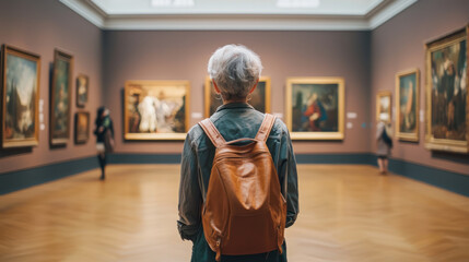A Senior attending museum, cultural enrichment, intellectual stimulation, art appreciation, exploring history, engaging with art