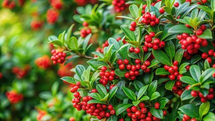 Obraz premium Dense, lush euonymus bush in a garden with vibrant green leaves and red berries, outdoor, flowers, outdoor, flowers, botanical