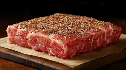 Raw steak seasoned with pepper on parchment paper