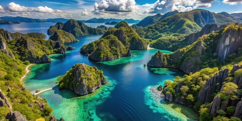 Aerial view of stunning lagoons and limestone cliffs in Coron Philippines, wilderness landscapes, coron island