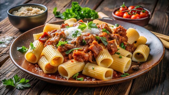 A steaming plate of rigatoni with bolognese sauce and sliced braciola on top