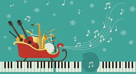 Obraz premium Musical instruments in Christmas sleigh flat vector icon. Live music jazz festival cartoon design element in retro color minimal style. Winter New Year holidays season event background illustration