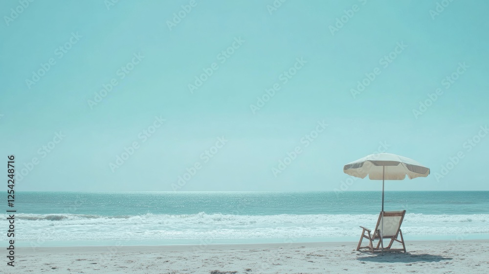 Poster relaxing beach getaway with a lounge chair and umbrella by calm ocean waves under clear blue sky. ge