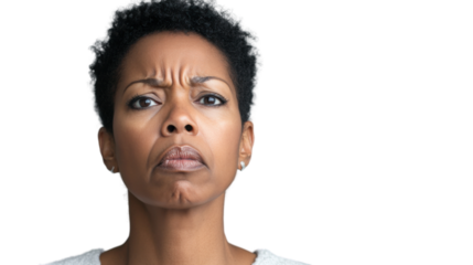 Serious black woman frowning and showing displeasure on transparent background