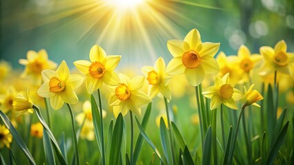 Fototapeta premium Daffodils swaying gently in a breeze, their bright yellow petals shining against a soft green backdrop , field, sunshine