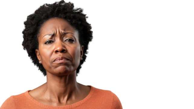 Serious black woman frowning and showing displeasure on transparent background