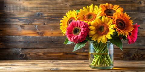 Fototapeta premium Colorful arrangement of sunflowers and gerbera daisies in a large glass vase on a wooden table