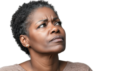 Black woman looking up with skeptical expression on transparent background
