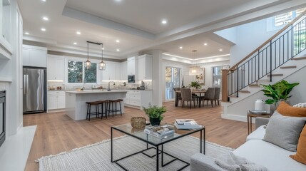 Fototapeta premium A stylish modern living room with a glass coffee table, polished wood floors, and statement lighting fixtures creating a luxurious atmosphere.