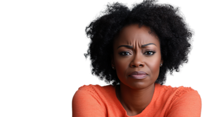 Serious black woman frowning with transparent background