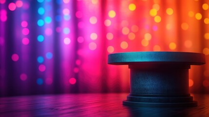 Empty Stage with a Vibrant and Colorful Bokeh Background Perfect for Performing Arts, Theater Events, and Live Shows with Highlighted Spotlight Effect