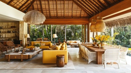 A stylish open-plan living room with light yellow sofas, a wooden dining table, and white chairs, all accented by elegant accessories and natural decor.
