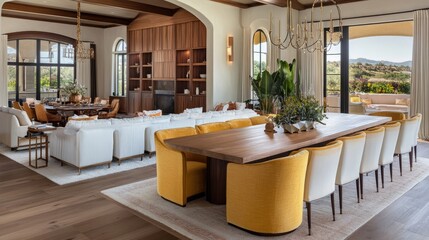 A stylish open-plan room with light yellow sofas, a wooden dining table with white chairs, creating a chic, modern aesthetic.