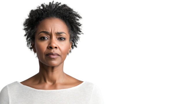 Serious black woman with short hair showing displeasure on transparent background - Powered by Adobe