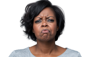 Disgusted young woman frowning with transparent background