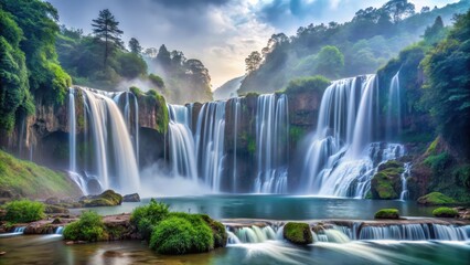 Fototapeta premium Panoramic view of Nuorilang Waterfall in misty morning, nuorilang, trekking, nuorilang, trekking