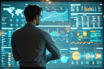 Businessman using KPI dashboard.Financial business KPI System data analytics graph dashboard.Data System KPI and metrics connected in database for follow earnings,operations and sales data.