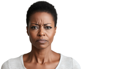 Serious black woman frowning with transparent background