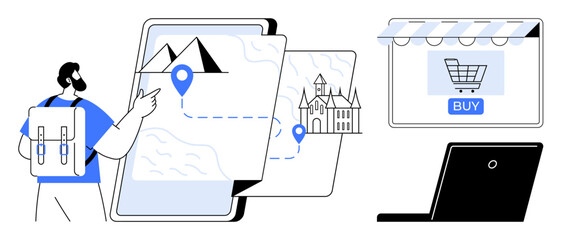 Traveler exploring digital maps with checkpoints, destinations thumbs up mountains and castles, online shopping cart on a storefront, and laptop. Ideal for travel planning, tourism, e-commerce