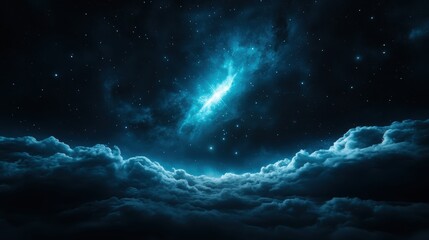 Obraz premium A mesmerizing cosmic scene featuring swirling clouds and a bright galaxy illuminated in shades of blue against a starry backdrop.