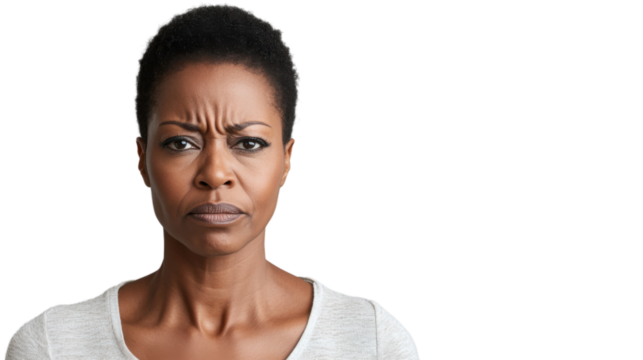 Serious black woman frowning with transparent background