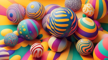 Colorful patterned spheres on yellow background, abstract design, vibrant backdrop, graphic design element
