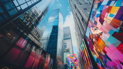 Glass skyscrapers rising into the sky with street art murals decorating the walls at ground level, adding a splash of culture to the modern city. Underground Skyscrapers. Illustration