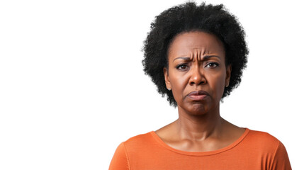 Skeptical mature woman frowning and showing disgust on transparent background