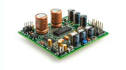 Close-up of a complex electronic circuit board showcasing various components and connections