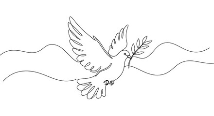 Dove with olive branch linear vector icon. Flying dove bird thin line design element illustration. Peace sign, hope holy spirit church religion holiday symbol. Pigeon contour isolated outline drawing