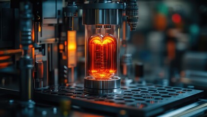 A glowing glass chamber showcasing a scientific apparatus in a high-tech environment.