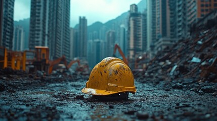 Dirty yellow hard hat sits on muddy ground at urban construction site with skyscrapers in background.