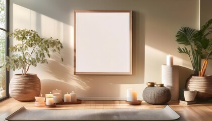 Blank pictures frame mockup wall art posters in cozy light beige yoga studio room interior