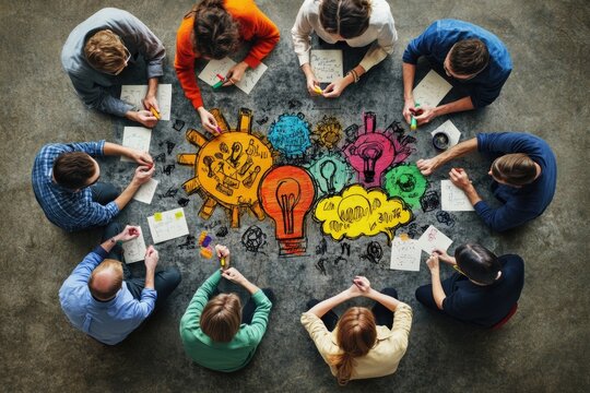 Close up of developer team using mind map to brainstorm idea. Top view of skilled group of business people working together writing marketing strategy by using markers and sticky notes. Symposium.