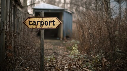 Obraz premium Rustic Carport Sign Amidst Overgrown Foliage in a Secluded Woodland Area During Late Autumn Highlights the Passage of Time and Nature's Reclamation