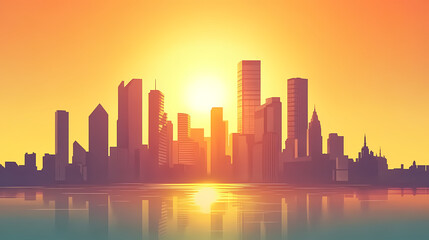 Fototapeta premium Stunning sunset over a vibrant city skyline featuring towering skyscrapers and reflective waters. Underground Skyscrapers. Illustration