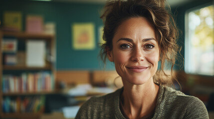 Friendly Caucasian Female Teacher Smiling in a Bright Classroom with Bookshelves and Educational Materials, Creating a Positive and Engaging Learning Environment for Students