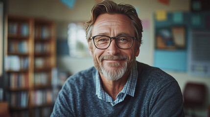Obraz premium Confident Middle-Aged Caucasian Male Teacher Smiling in a Modern Classroom with Bookshelves in the Background, Creating a Positive and Engaging Educational Atmosphere for Students