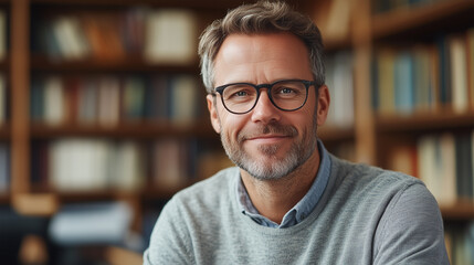 Obraz premium Experienced Caucasian Male Teacher with Glasses Smiling in a Cozy Library or Classroom, Surrounded by Bookshelves, Creating a Warm and Intellectual Learning Atmosphere