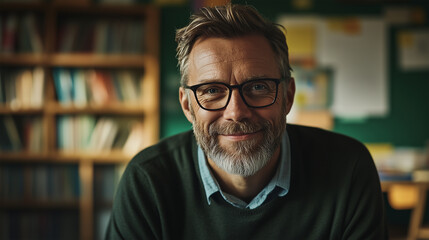 Obraz premium Experienced Caucasian Male Teacher with Glasses Smiling in a Cozy Library or Classroom, Surrounded by Bookshelves, Creating a Warm and Intellectual Learning Atmosphere