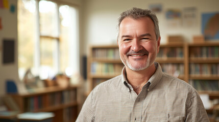 Friendly Middle-Aged Caucasian Male Teacher Smiling in a Bright Classroom with Bookshelves and Educational Posters, Creating a Warm and Supportive Learning Environment for Students