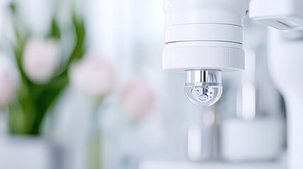 Close-up of a water filter faucet, flowers blurred background, home use