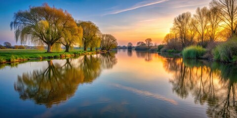 Fototapeta premium Softly fading light on a peaceful riverbank at dusk with willows and trees reflected in the calm water of the River Yare